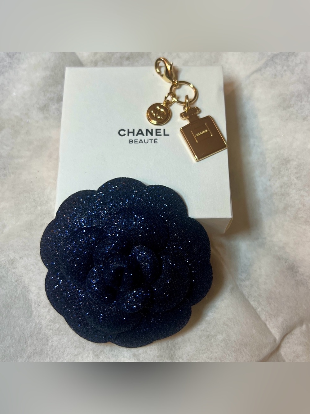 CHANEL Novelty Holiday 2025 Navy Sparkle Camellia Flower Pin